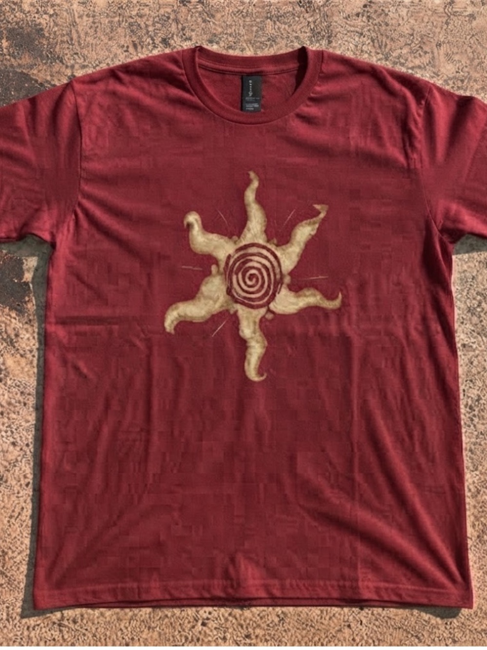 Gildan Burgundy Short Sleeve Tee with Cream Sun Spiral Graphic